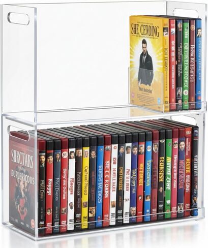 2 قطعة من صندوق تخزين أقراص DVD من الأكريليك الشفاف، رفوف حامل أقراص DVD قابلة للتكديس مع فتحات للحمل ورف منظم لغرفة المسرح ووسائط الأقراص المضغوطة وحالات الأفلام وأقراص DVD in Saudi Arabia