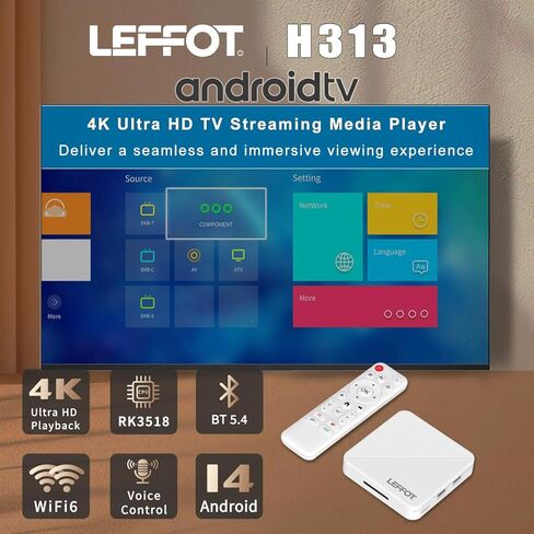 Android 14.0 TV Box 2025، LEFFOT H313 4K Ultra HD Streaming جهاز للتلفزيون مع BT 5.4، 2 جيجا رام + 16 جيجا روم، صندوق تلفزيون ذكي مع جهاز تحكم صوتي، USB 3.0، HDR 10، 2.4 جيجا و5 جيجا واي فاي 6 in Kuwait