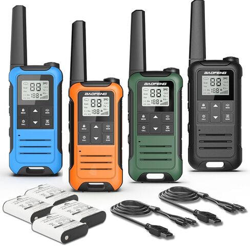 أجهزة اتصال لاسلكية طويلة المدى للبالغين، 4 قطع قابلة لإعادة الشحن Baofeng Walkie Talkie FRS راديو ثنائي الاتجاه 1400 مللي أمبير في الساعة، بطارية ليثيوم أيون، كابل USB-C، NOAA مع مصباح يدوي لعائلة التخييم in Kuwait