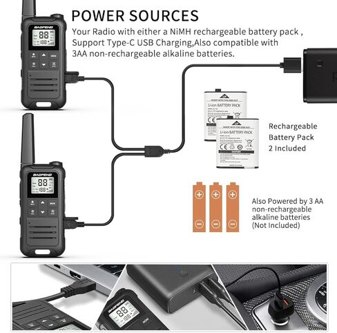 أجهزة اتصال لاسلكية طويلة المدى للبالغين، 4 قطع قابلة لإعادة الشحن Baofeng Walkie Talkie FRS راديو ثنائي الاتجاه 1400 مللي أمبير في الساعة، بطارية ليثيوم أيون، كابل USB-C، NOAA مع مصباح يدوي لعائلة التخييم in Kuwait