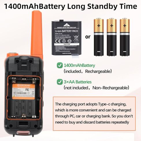 أجهزة اتصال لاسلكية طويلة المدى للبالغين، 4 قطع قابلة لإعادة الشحن Baofeng Walkie Talkie FRS راديو ثنائي الاتجاه 1400 مللي أمبير في الساعة، بطارية ليثيوم أيون، كابل USB-C، NOAA مع مصباح يدوي لعائلة التخييم in Kuwait