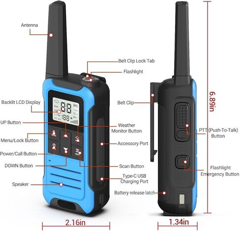 أجهزة اتصال لاسلكية طويلة المدى للبالغين، 4 قطع قابلة لإعادة الشحن Baofeng Walkie Talkie FRS راديو ثنائي الاتجاه 1400 مللي أمبير في الساعة، بطارية ليثيوم أيون، كابل USB-C، NOAA مع مصباح يدوي لعائلة التخييم in Kuwait