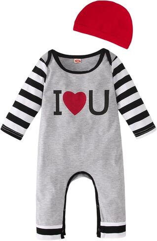CM C&M WODRO Baby Boy Valentines Outfit Romper Long Sleeve Stripe One Piece Bodysuit Jumpsuit with Hat Infant Clothes Set in Saudi Arabia