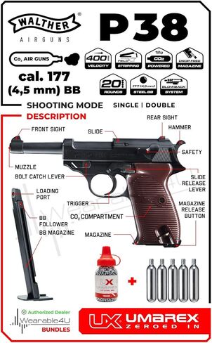 Wearable4U Umarex Walther P38 Semi Auto CO2 Air Pistol BB Airgun Blowback Bundle in Saudi Arabia
