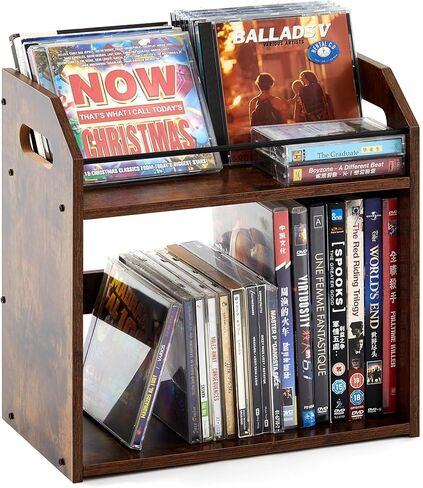 حامل أقراص مضغوطة بطبقتين، رف تخزين أقراص DVD للعرض، رف تخزين أقراص مضغوطة منظم أقراص DVD خشبي ريفي للمكتب المنزلي يحمل ما يصل إلى 56 معيارًا، مثالي لمحبي الموسيقى وهواة التجميع in Saudi Arabia