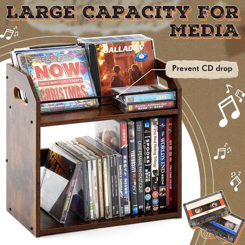 حامل أقراص مضغوطة بطبقتين، رف تخزين أقراص DVD للعرض، رف تخزين أقراص مضغوطة منظم أقراص DVD خشبي ريفي للمكتب المنزلي يحمل ما يصل إلى 56 معيارًا، مثالي لمحبي الموسيقى وهواة التجميع in Saudi Arabia