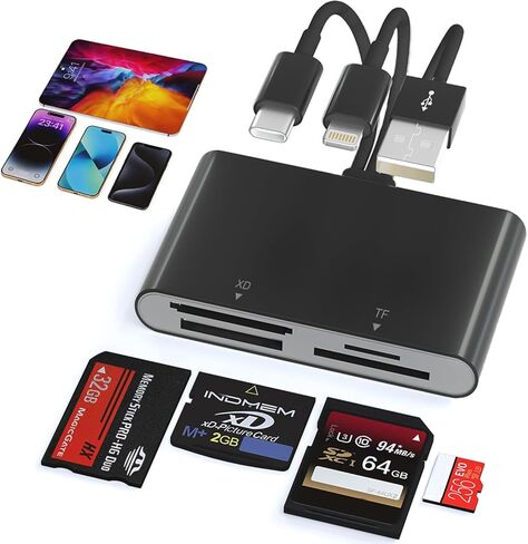 قارئ بطاقات الذاكرة - 4 في 1 قارئ بطاقات SD/MicroSD/MS/XD محول Memory Stick Pro Duo لجهاز Sony Cybershot SD، Lightning/USB-C/USB-A قارئ بطاقات SD ثلاثي لهاتف iPhone 17/16/15/14/iPad/PC/Android/Camera in Saudi Arabia