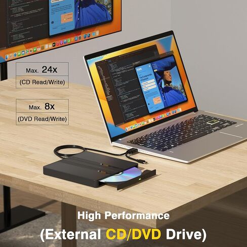 محرك أقراص CD/DVD خارجي لأجهزة الكمبيوتر المحمول، محرك أقراص DVD USB قارئ أقراص مضغوطة خارجي لأجهزة الكمبيوتر المحمول، DVD/CD-ROM +/-RW محركات الأقراص الضوئية لأجهزة الكمبيوتر المكتبية وأجهزة MacBook Mac Windows10/11 Linux OS in Saudi Arabia