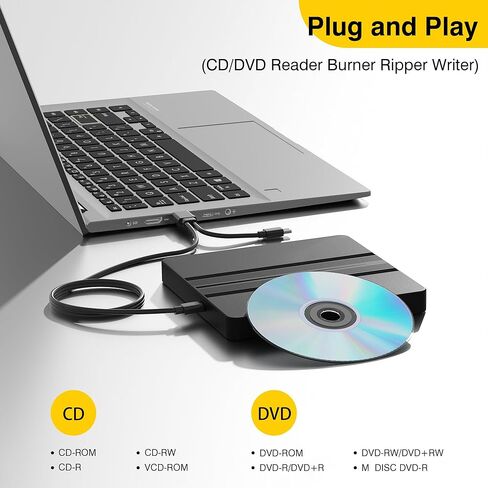محرك أقراص CD/DVD خارجي لأجهزة الكمبيوتر المحمول، محرك أقراص DVD USB قارئ أقراص مضغوطة خارجي لأجهزة الكمبيوتر المحمول، DVD/CD-ROM +/-RW محركات الأقراص الضوئية لأجهزة الكمبيوتر المكتبية وأجهزة MacBook Mac Windows10/11 Linux OS in Saudi Arabia