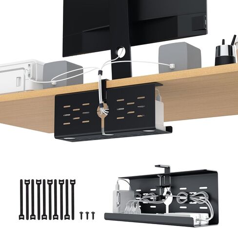 KEEGH 16" Under Desk Cable Management Tray, 2 Pack Desk Cord Organizer Upgrade Capacity, Drill Free Clamp/Screw Mount, Sturdy Metal Tray for Connect Cables, Home, Office, Black in Kuwait