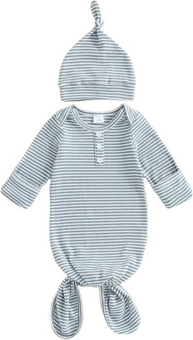 Newborn Baby Boy Girl Sleep Gown Sleeper Knotted Nightgown Hat Pajamas Hospital Coming Home Fall Winter Outfit in Saudi Arabia