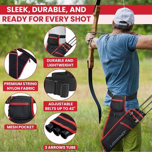 LEGEND First Archery Quiver Case for Arrows - Target Shooting Hip Quivers with Adjustable Belt & 3 Arrow Tubes - Durable Nylon Material with T-Slot & Storage Pockets for Accessories, Tools, Score Card in Saudi Arabia