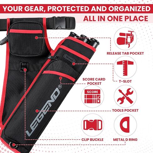 LEGEND First Archery Quiver Case for Arrows - Target Shooting Hip Quivers with Adjustable Belt & 3 Arrow Tubes - Durable Nylon Material with T-Slot & Storage Pockets for Accessories, Tools, Score Card in Saudi Arabia