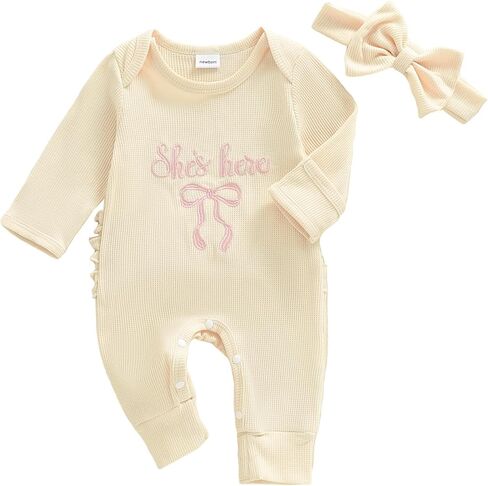Newborn Baby Girl Coming Going Home Clothes She's Here Bow Embroidery Knit Romper Onesie Fall Winter Outfit in Saudi Arabia