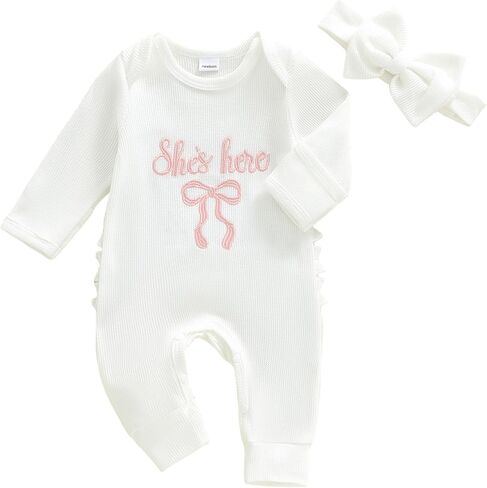 Newborn Baby Girl Coming Going Home Clothes She's Here Bow Embroidery Knit Romper Onesie Fall Winter Outfit in Saudi Arabia