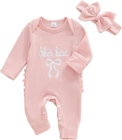 Newborn Baby Girl Coming Going Home Clothes She's Here Bow Embroidery Knit Romper Onesie Fall Winter Outfit in Saudi Arabia