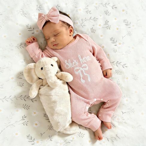 Newborn Baby Girl Coming Going Home Clothes She's Here Bow Embroidery Knit Romper Onesie Fall Winter Outfit in Saudi Arabia