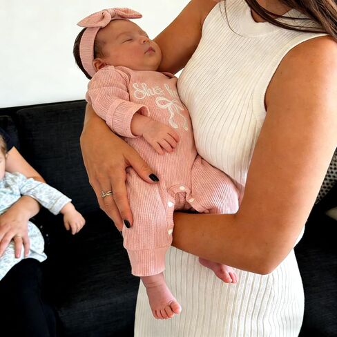 Newborn Baby Girl Coming Going Home Clothes She's Here Bow Embroidery Knit Romper Onesie Fall Winter Outfit in Saudi Arabia