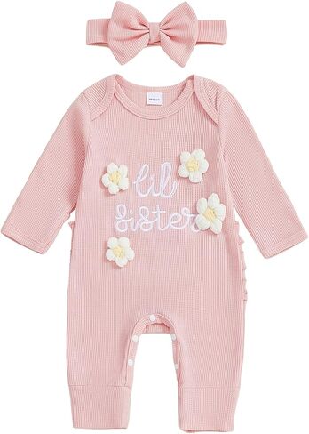 Newborn Baby Girl Coming Going Home Clothes She's Here Bow Embroidery Knit Romper Onesie Fall Winter Outfit in Saudi Arabia