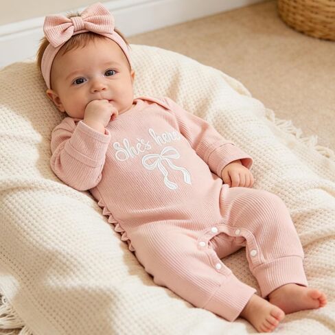 Newborn Baby Girl Coming Going Home Clothes She's Here Bow Embroidery Knit Romper Onesie Fall Winter Outfit in Saudi Arabia