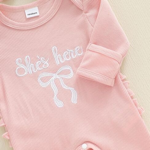 Newborn Baby Girl Coming Going Home Clothes She's Here Bow Embroidery Knit Romper Onesie Fall Winter Outfit in Saudi Arabia