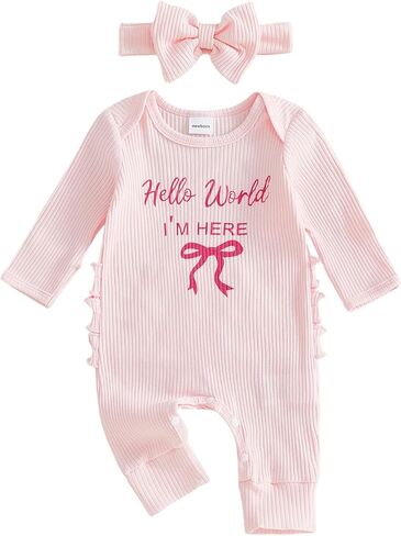 Newborn Baby Girl Coming Going Home Clothes She's Here Bow Embroidery Knit Romper Onesie Fall Winter Outfit in Saudi Arabia