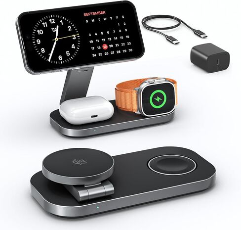 محطة شحن لاسلكية 3 في 1 لأجهزة Apple، حامل شاحن سريع مغناطيسي قابل للطي متوافق مع MagSafe لسلسلة iPhone Air/17/16/15/14/13/12، وساعة Apple وAirPods Pro/4/3/2 in Kuwait
