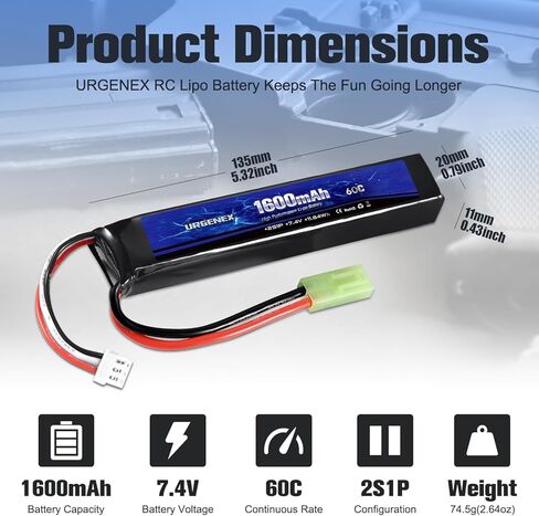 URGENEX Airsoft Battery 7.4V 1600mAh 60C High Discharge Rate Lipo Battery Pack with Mini Tamiya Plug Rechargeable 2S Lipos Fit for Airsoft Model Guns in Saudi Arabia