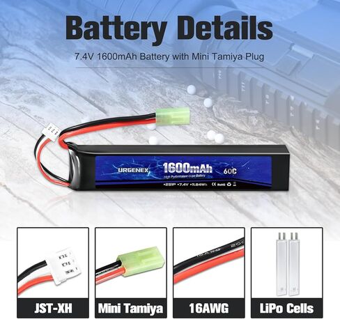 URGENEX Airsoft Battery 7.4V 1600mAh 60C High Discharge Rate Lipo Battery Pack with Mini Tamiya Plug Rechargeable 2S Lipos Fit for Airsoft Model Guns in Saudi Arabia