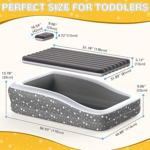 Toddler Travel Air Mattress Kids Blow Up Bed With Safety Bumpers 300lb | 4-Sided Safety Rails, 67" long, 30.3% thicker 0.4mm PVC, 20S Fast Inflate, with pump & carry bag, Gray star print in Saudi Arabia