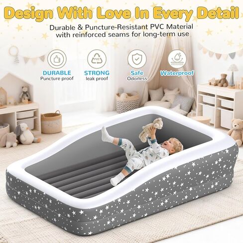 Toddler Travel Air Mattress Kids Blow Up Bed With Safety Bumpers 300lb | 4-Sided Safety Rails, 67" long, 30.3% thicker 0.4mm PVC, 20S Fast Inflate, with pump & carry bag, Gray star print in Saudi Arabia