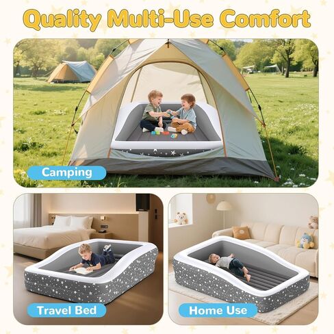 Toddler Travel Air Mattress Kids Blow Up Bed With Safety Bumpers 300lb | 4-Sided Safety Rails, 67" long, 30.3% thicker 0.4mm PVC, 20S Fast Inflate, with pump & carry bag, Gray star print in Saudi Arabia