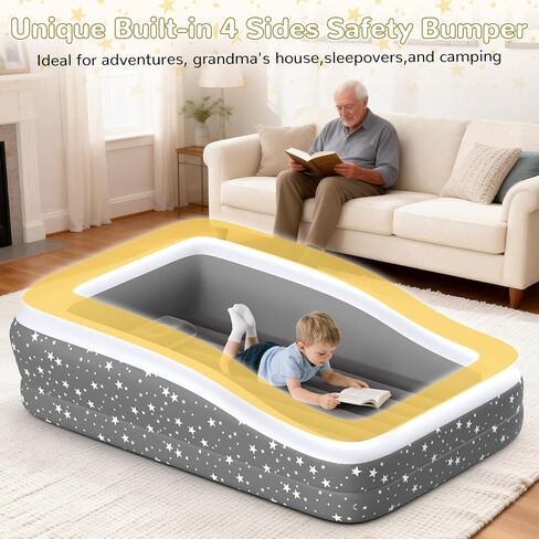 Toddler Travel Air Mattress Kids Blow Up Bed With Safety Bumpers 300lb | 4-Sided Safety Rails, 67" long, 30.3% thicker 0.4mm PVC, 20S Fast Inflate, with pump & carry bag, Gray star print in Saudi Arabia