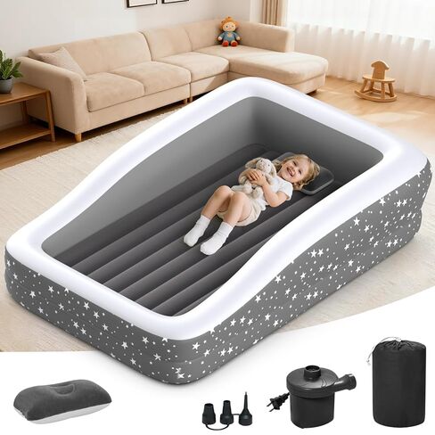 Inflatable Toddler Travel Bed-Portable Toddler Blow Up Mattress with Safety 4 Sides- Kids Air Mattress Travel Ideal for Camping and Sleepover- Easy to Inflate Deflate and Clean (67'',Grey) in Kuwait