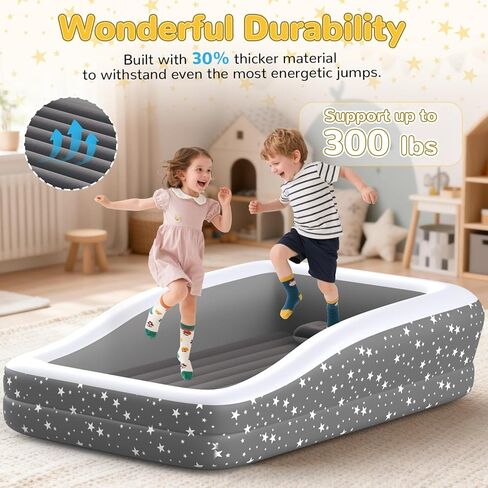 Toddler Travel Air Mattress Kids Blow Up Bed With Safety Bumpers 300lb | 4-Sided Safety Rails, 67" long, 30.3% thicker 0.4mm PVC, 20S Fast Inflate, with pump & carry bag, Gray star print in Saudi Arabia