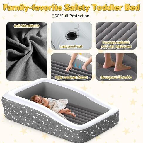 Toddler Travel Air Mattress Kids Blow Up Bed With Safety Bumpers 300lb | 4-Sided Safety Rails, 67" long, 30.3% thicker 0.4mm PVC, 20S Fast Inflate, with pump & carry bag, Gray star print in Saudi Arabia