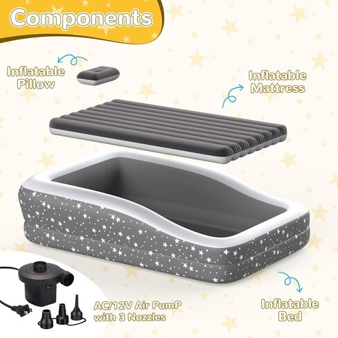 Toddler Travel Air Mattress Kids Blow Up Bed With Safety Bumpers 300lb | 4-Sided Safety Rails, 67" long, 30.3% thicker 0.4mm PVC, 20S Fast Inflate, with pump & carry bag, Gray star print in Saudi Arabia