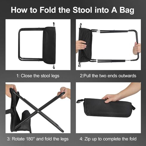 DZ Duozhan Portable Camping Stool - Foldable Backpack Stool 13" with 260lb Capacity, Lightweight Collapsible Stool with Carry Bag & Adjustable Strap for Hiking, Fishing, Beach Outdoor (Black) in Saudi Arabia