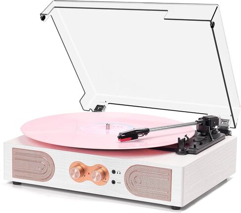 Vinyl Record Player with Built-in Speakers, 3-Speed Vintage Turntable with Bass Adjustment Knob, Bluetooth AUX Input, RCA Headphone Ouput, White in Kuwait