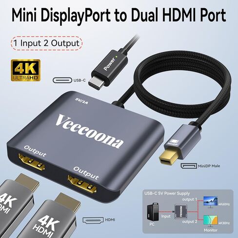 ميني ديسبلاي بورت إلى محول HDMI مزدوج | 4K60 هرتز، Thunderbolt 2 DP ذكر إلى HDMI أنثى مقسم منفذ عرض ممتد للشاشات المزدوجة، لجهاز MacBook Air/Pro، Mac mini، Surface Pro/Dock in Kuwait