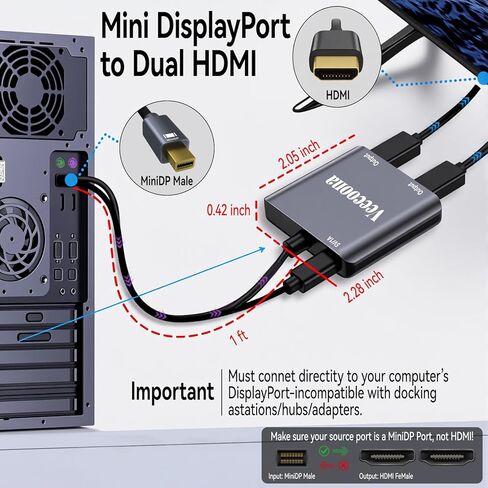 ميني ديسبلاي بورت إلى محول HDMI مزدوج | 4K60 هرتز، Thunderbolt 2 DP ذكر إلى HDMI أنثى مقسم منفذ عرض ممتد للشاشات المزدوجة، لجهاز MacBook Air/Pro، Mac mini، Surface Pro/Dock in Kuwait
