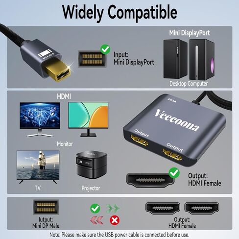 ميني ديسبلاي بورت إلى محول HDMI مزدوج | 4K60 هرتز، Thunderbolt 2 DP ذكر إلى HDMI أنثى مقسم منفذ عرض ممتد للشاشات المزدوجة، لجهاز MacBook Air/Pro، Mac mini، Surface Pro/Dock in Kuwait