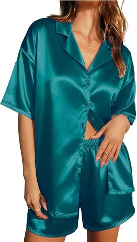 Ekouaer Womens Silk Satin Pajamas Set Short Sleeve Sleepwear Button Down Top and Shorts Loungewear 2 Piece Pjs Set in Saudi Arabia