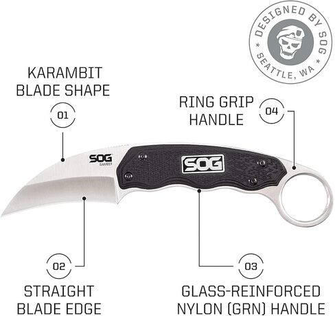 سكين SOG Survival Karambit - سكين حزام الأمان المنحني، شفرة تانغ كاملة ثابتة 2.6 بوصة مع غمد نايلون صلب ومشبك قابل للتعديل (GB1001-CP)، أسود in Kuwait