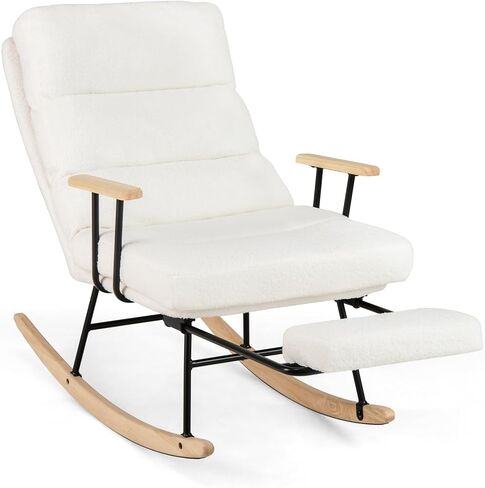 Giantex Rocking Chair Nursery, Teddy Upholstered Rocker Chair w/ 5-level Adjustable Backrest & Retractable Footrest, Rubber Wood Legs & Felt Foot Pads, Modern Accent Chair for Living Room, Bedroom (1) in Saudi Arabia