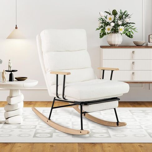 Giantex Rocking Chair Nursery, Teddy Upholstered Rocker Chair w/ 5-level Adjustable Backrest & Retractable Footrest, Rubber Wood Legs & Felt Foot Pads, Modern Accent Chair for Living Room, Bedroom (1) in Saudi Arabia