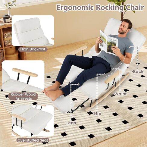 Giantex Rocking Chair Nursery, Teddy Upholstered Rocker Chair w/ 5-level Adjustable Backrest & Retractable Footrest, Rubber Wood Legs & Felt Foot Pads, Modern Accent Chair for Living Room, Bedroom (1) in Saudi Arabia