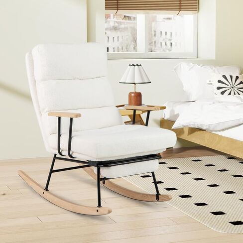 Giantex Rocking Chair Nursery, Teddy Upholstered Rocker Chair w/ 5-level Adjustable Backrest & Retractable Footrest, Rubber Wood Legs & Felt Foot Pads, Modern Accent Chair for Living Room, Bedroom (1) in Saudi Arabia