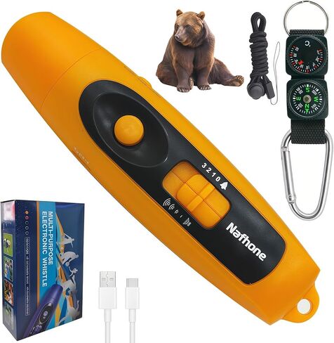 Rechargeable Bear Horn to Scare Bears, 125dB Electronic Air Horn with LED Flashlight & Compass & Thermometer, Electronic Whistle Bear Bells for Safety Hiking Camping Emergency Self Defense in Kuwait