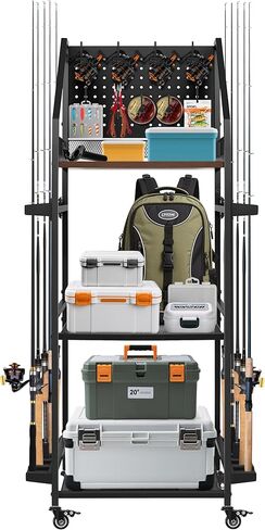 حاملات قصبة الصيد للمرآب، حامل صنارة الصيد من 3 طبقات، يحمل ما يصل إلى 12 صنارة، منظم صيد السمك مع لوح تعليق وخطاطيف وعجلات قابلة للقفل، تخزين عصا الصيد لمجموعات البكرات/الصيد/الصيد in Kuwait